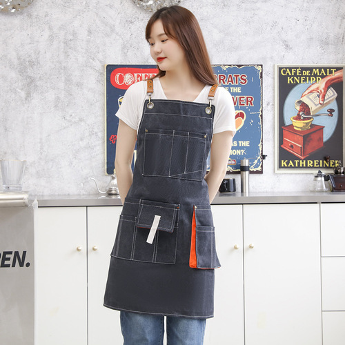 Pure cotton denim canvas apron DIY waterproof and wear-resistant apron simple fashion kitchen apron work apron