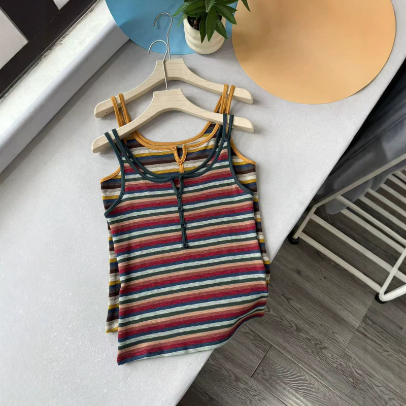 Korean-style fashion versatile retro color-block striped buttoned tank top sleeveless top for women Korean-style fashion versatile retro color-block striped buttoned tank top sleeveless top for women