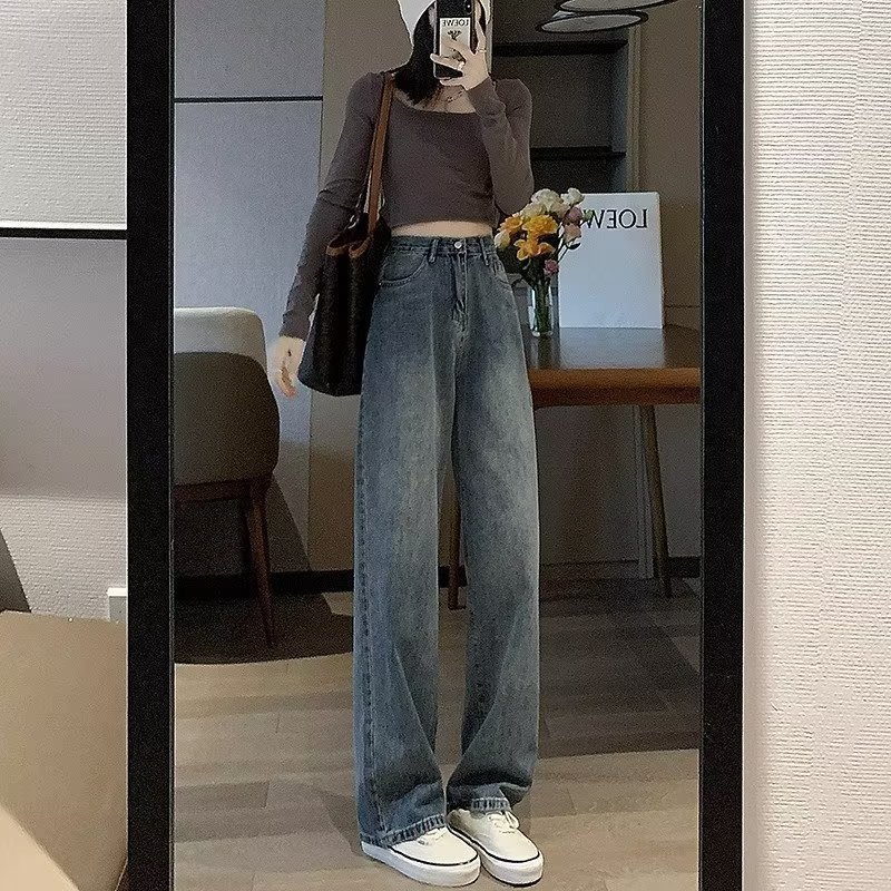 白色高腰窄版阔腿牛仔裤女春秋2025新款显瘦直筒垂感拖地长裤子|undefined