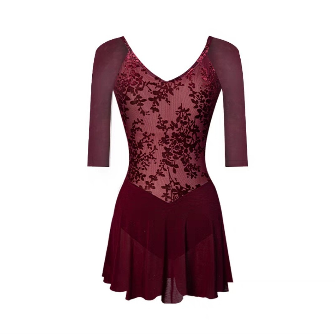 Flocked floral print leotard with skirt, body shaping suit, aerial yoga suit, ballet practice suit 0018q