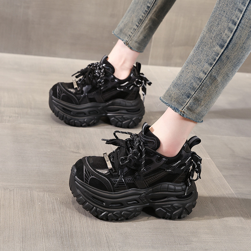 Giày sneaker nữ chunky đế dày tăng chiều cao phong cách thể thao — màu đen