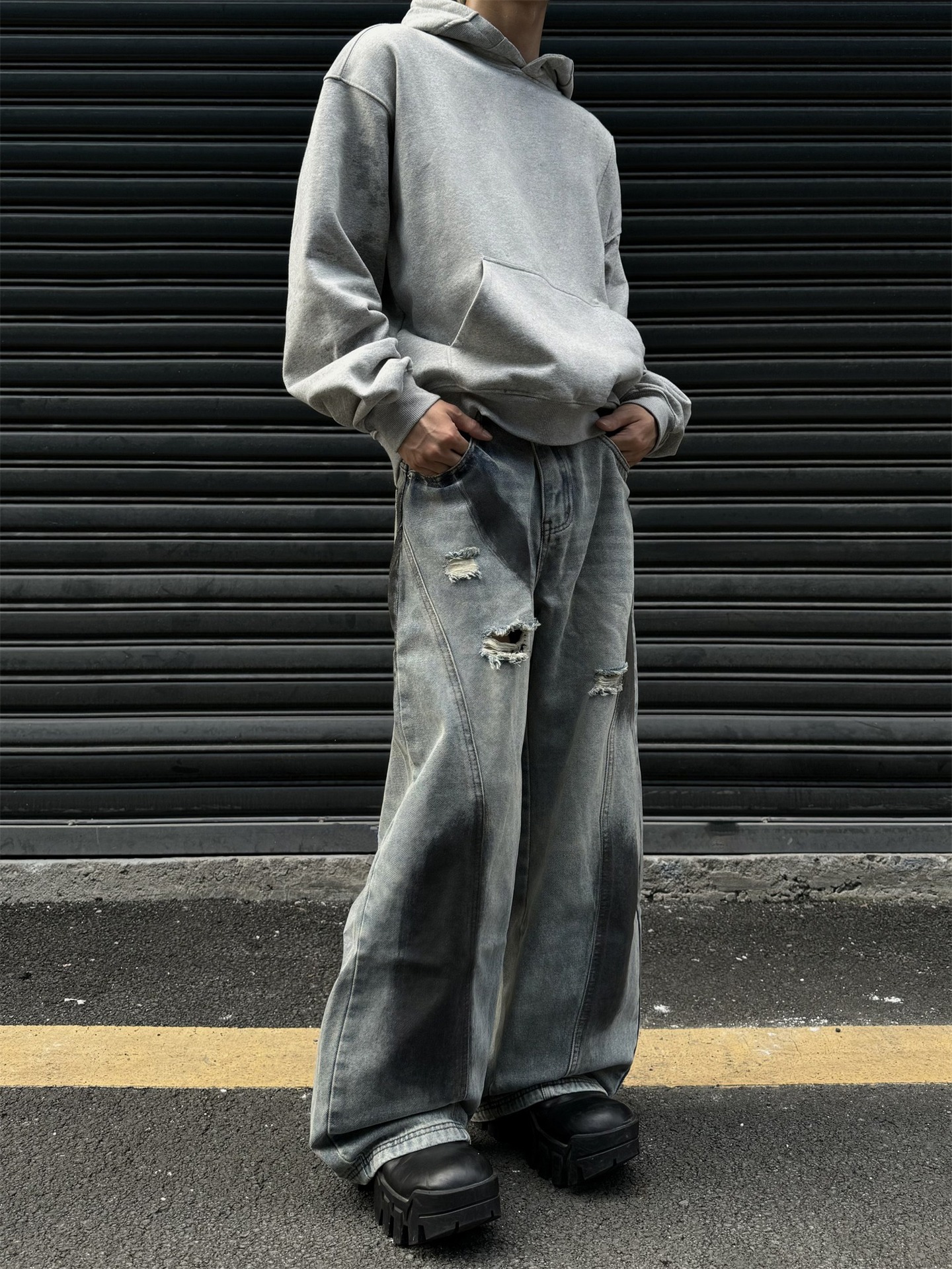 High Street Summer Retro Autumn Vibe Ink Splash Hole Jeans Loose Deconstructed Straight Wide Leg Long Pants_viptrois.com