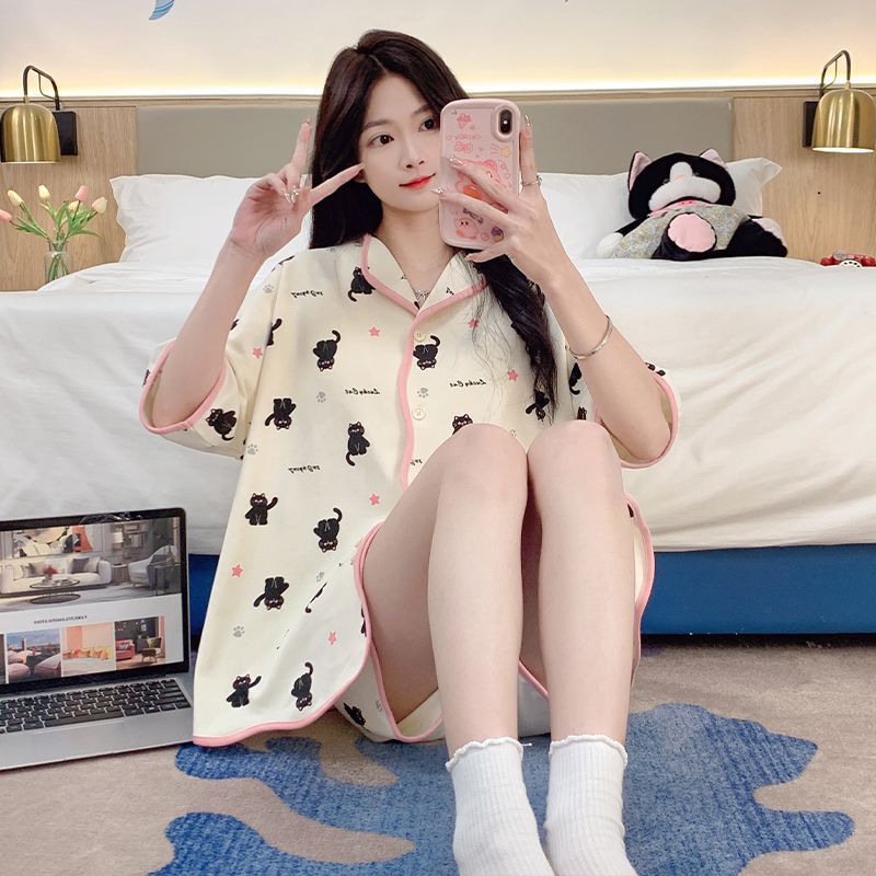 Pijamas de estudiante de verano al por mayor transfronterizo pantalones cortos de manga corta de algodón de punto para mujer lindo y suelto traje de sensación fresca y premium de estilo coreano