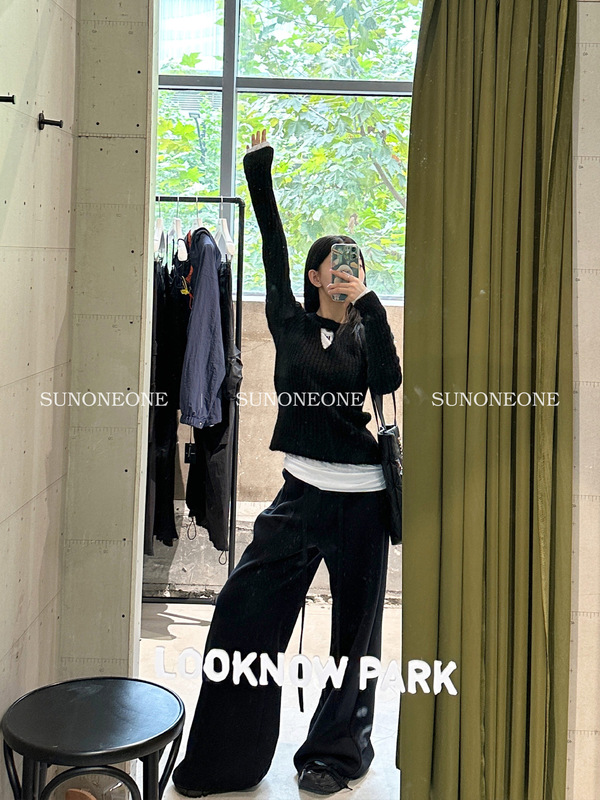 SUNONEONE 灰色抽绳卫裤女秋季新款直筒慵懒风宽松休闲阔腿运动裤|undefined