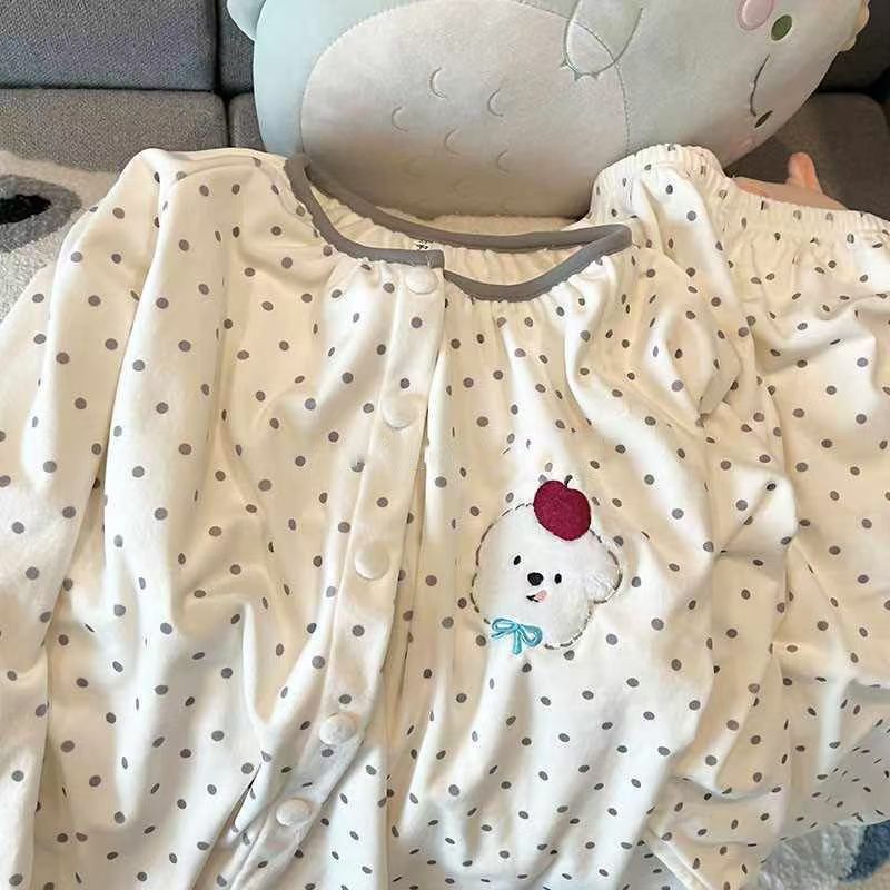 甜美圆点睡衣女德绒可爱苹果小熊圆领长袖套装冬季加绒加厚居家服|undefined