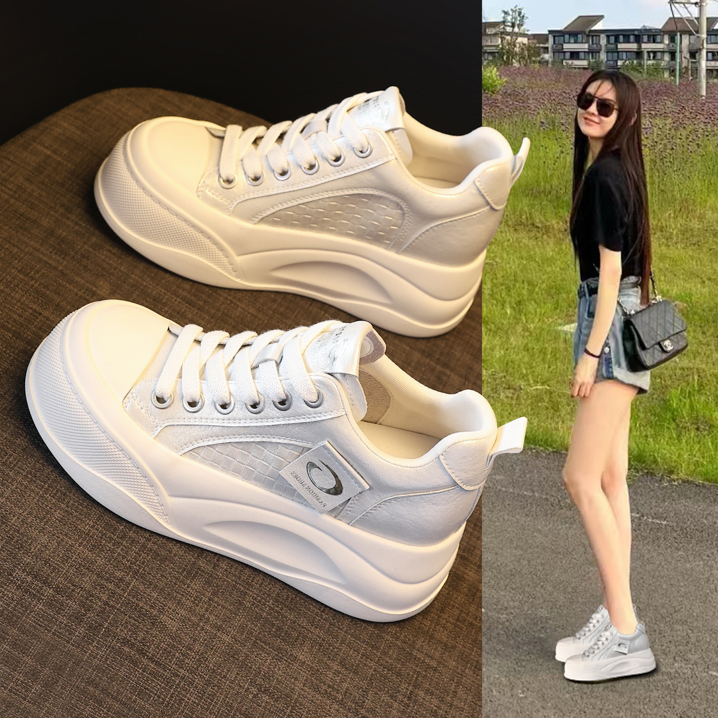 Giày sneaker nữ đế dày tăng chiều cao phong cách Hàn Quốc, đế xốp mềm thoải mái — Xám ngọc trai