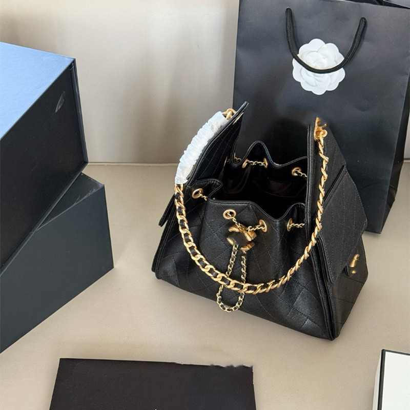 New Genuine Leather Women's Handbag Large Capacity Hobo Hippie Bucket Bag Caviar Small Ball Pattern Single Shoulder Crossbody Bag