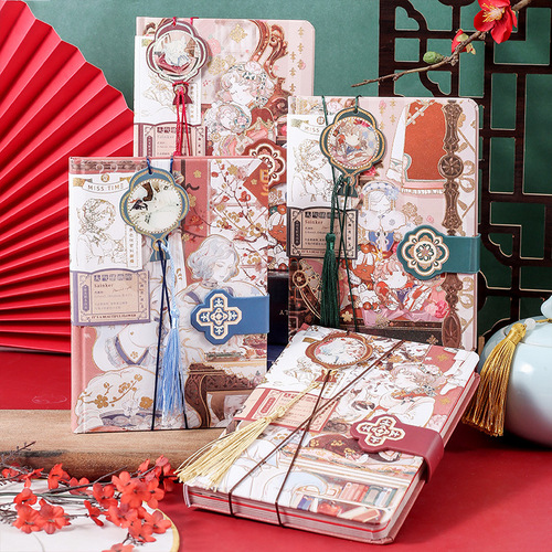 A 10-Flower Brocade Jade-like National Style Magnetic Closure Notebook with 3D Retro Color Pages, Notebook for Girls' Hearts, Diary Book