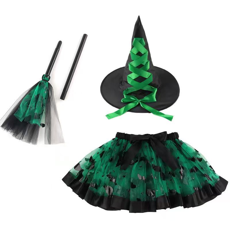 クロスボーダーハロウィンカボチャスカートスーツ魔女ほうき魔女帽子セットヨーロッパとアメリカのプリントメッシュチュチュスカートスーツ|undefined