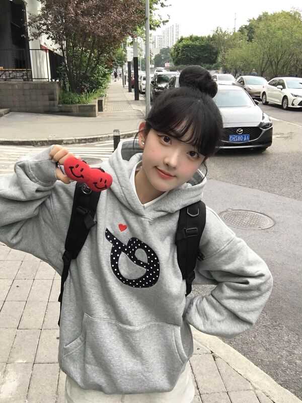 美式简约字母贴布刺绣灰色卫衣女2025秋冬季新款连帽宽松情侣外套|undefined