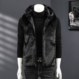 Faux mink velvet stand collar plush vest men's outer wear cotton vest fashionable waistcoat faux mink velvet hooded cotton vest men's warm