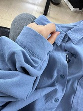 春夏蓝色纯棉衬衫女小清新宽松百搭显瘦通勤小个子衬衣外套上衣服