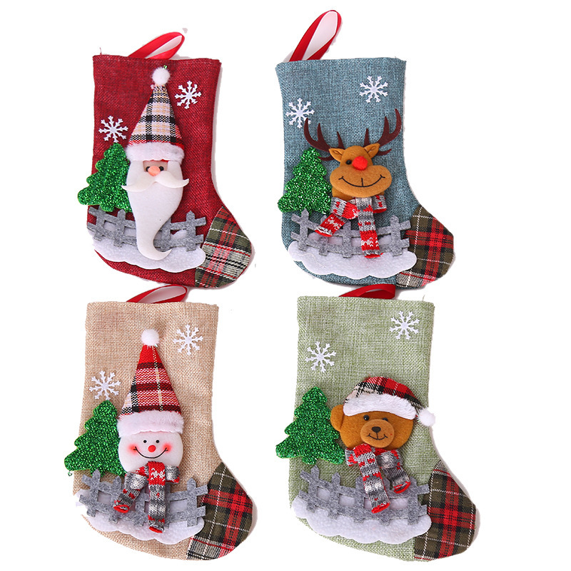 Decoraciones navideñas Santa Claus calcetines tela a cuadros muñeca calcetines de lino árbol de Navidad colgante adornos bolsa de regalo de Navidad