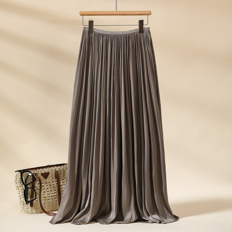 Island Silk Flowing Pleated Long Skirt for Women, Summer Elastic High-Waist Drapey Satin Slimming Flowing A-Line Skirt