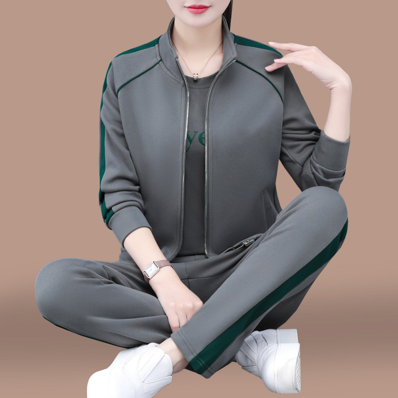 立领休闲运动套装女2025新款春秋中年妈妈宽松跑步卫衣外套三件套|undefined