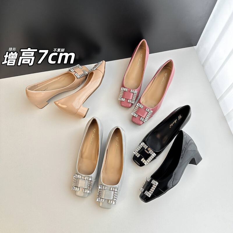 7cm Height-Increasing Rhinestone Square Buckle Chunky Heel Shallow Mouth Single Shoes for Women, 2026 New Style, Chanel-Inspired Patent Leather Square-Toe High Heels