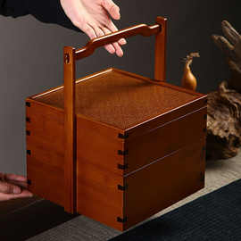 竹木食盒中式仿古茶具收纳盒野餐提篮实木春节礼品盒便携箱提盒