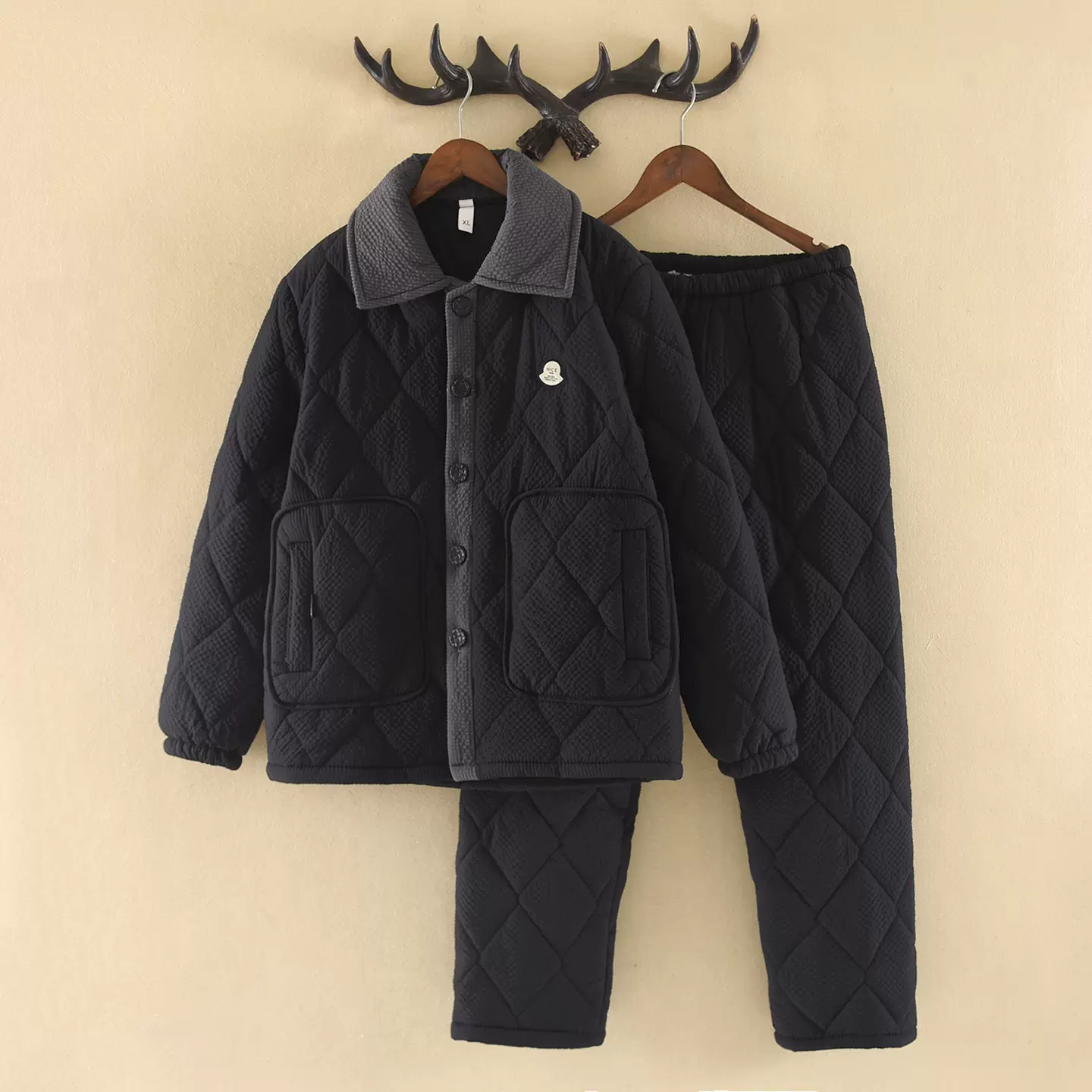 黑色翻领睡衣冬天男款超厚三层夹棉男士加厚加绒法兰绒家居服套装