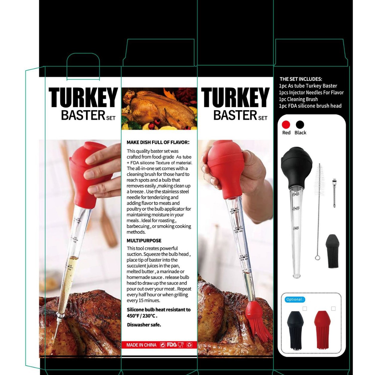 Suministro directo transfronterizo Juego de 4 piezas de aguja de pavo bomba de pollo de silicona bomba de condimento herramienta de barbacoa tubo de condimento por goteo con cepillo bomba de pollo
