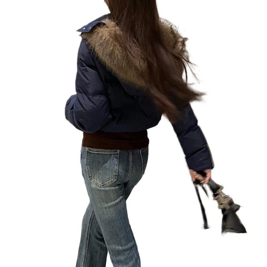 네이비 모피 칼라 후드 코튼 패딩 재킷 여성의 겨울 새로운 짧은 따뜻한 탑