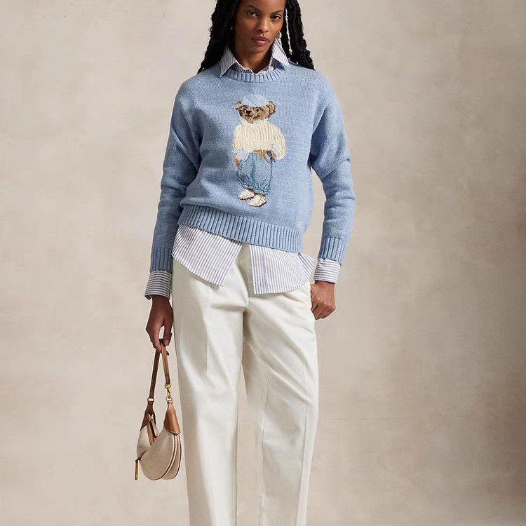 Women's Sweater R*L Cartoon Bear 2025 New Style Sweater Blue Long-Sleeved Round Neck Age-Reducing Korean Style.