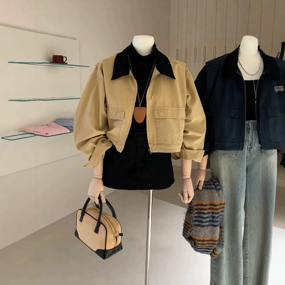 Khaki color-blocked short jacket, new autumn 2026 style American long-sleeved loose denim jacket for women.