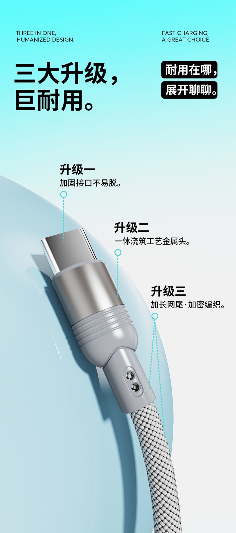 100W İkiye Üçlü Süper Hızlı Şarj Veri Kablosu Üçü Bir Arada Metal Huawei Apple Örgülü Hediye Şarj Kablosu