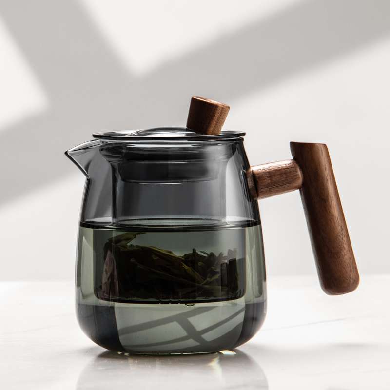定制玻璃泡茶壶耐热玻璃茶壶侧木把带过滤泡茶壶家用花茶壶