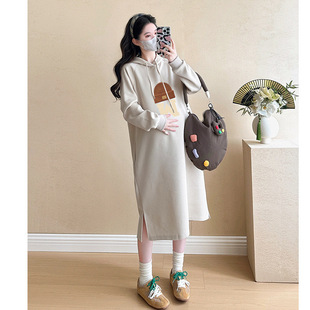 2025 Pregnant Women Hooded Sweat dress Spring and Autumn Loose Casual Western-style Age-reducing Mid-length Sweat Skirt Pocket