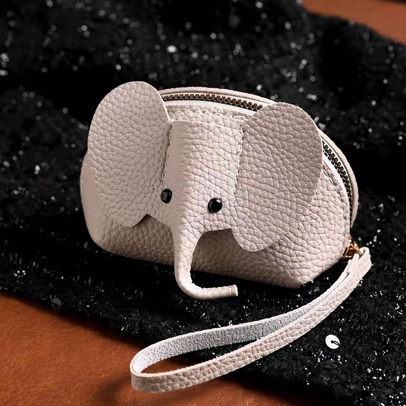 Cartera, llavero, tarjetero creativo, monedero de piel con forma de elefante, con cremallera, bolsa de mano para guardar pintalabios_voghion.com