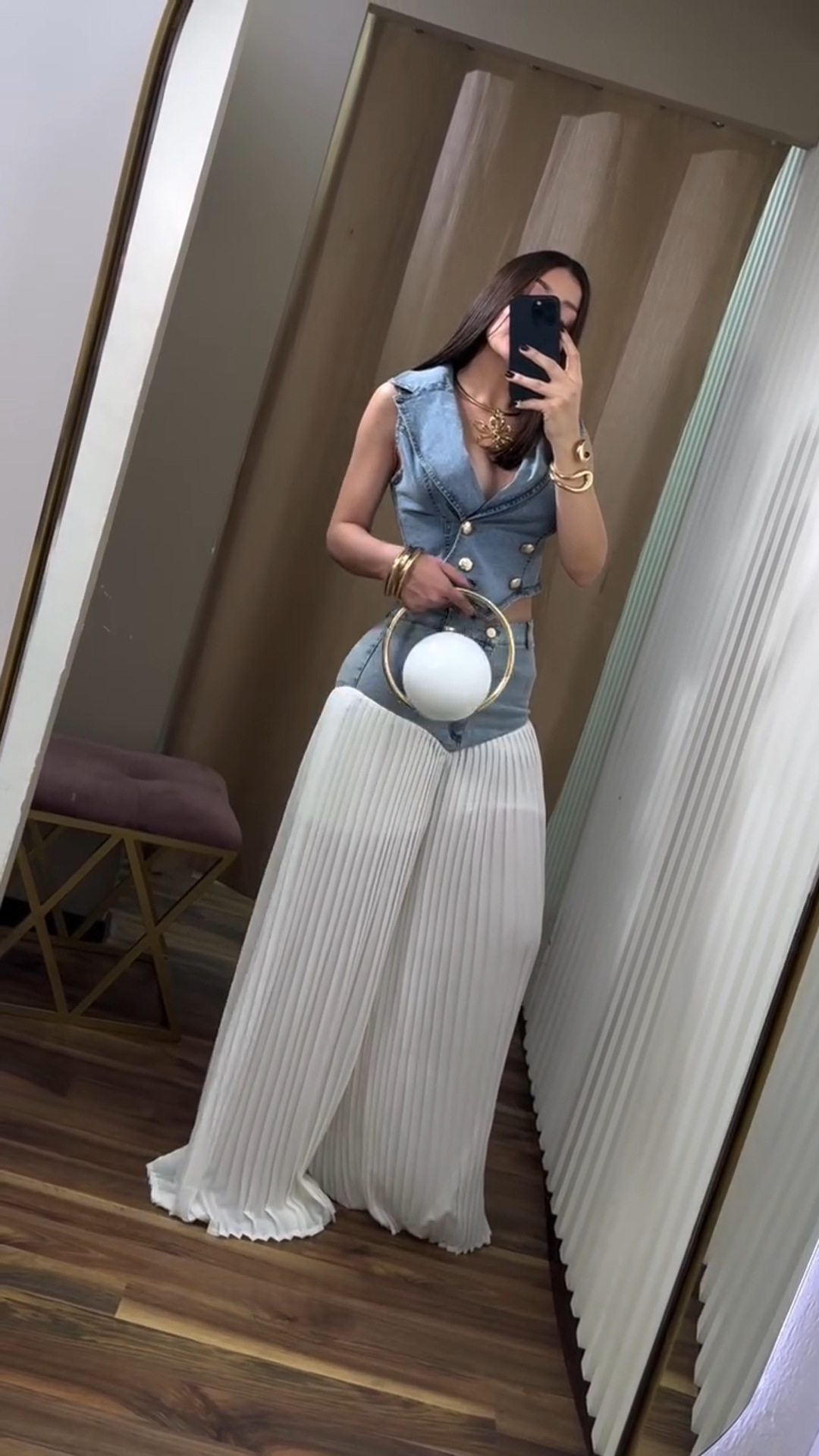 High Waist Denim Skirt And Sleeveless Jacket Two-piece Set_voghion.com