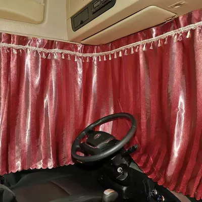 Lh6, Chenglong, Delong, New M3000 Car curtains - burgundy-vertical-stripes-with-tassels-whole-car-curtains-three-large-pieces