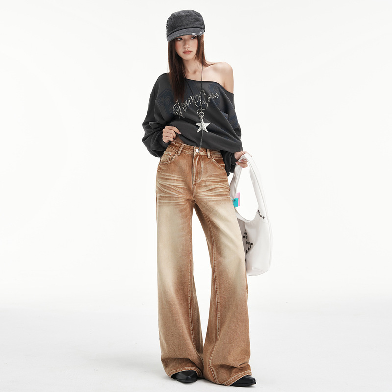 American-Style Low-Waist Brown Wide-Leg Jeans for Women, 2026 Spring New Style, Loose Fit, Slimming, Non-Tight on the Legs, Slightly Flared Jeans