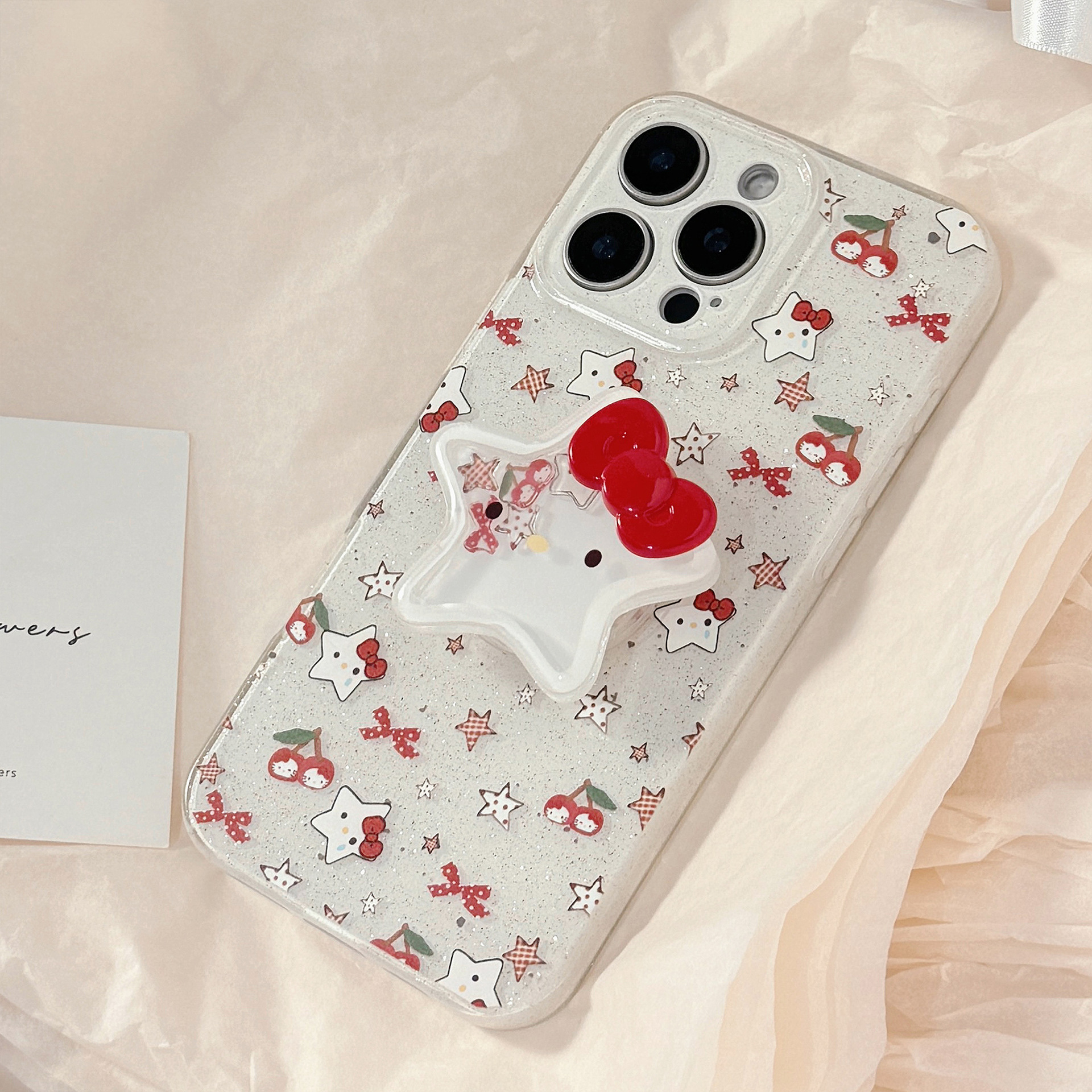 Funda brillante para iPhone 16, compatible con el teléfono Apple 13, diseño de gato cereza, con soporte para iPhone 15 Pro Max, colgante para iPhone 17