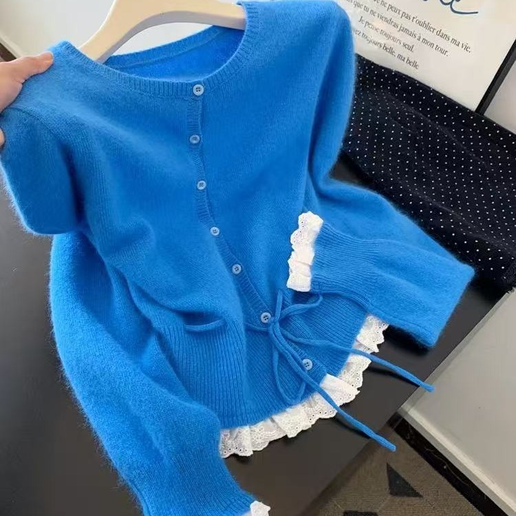 Gentle Style Round Neck Lace Splicing Long-Sleeved Sweater Jacket for Women Autum New Korean Drawstring Waist Knitted Top