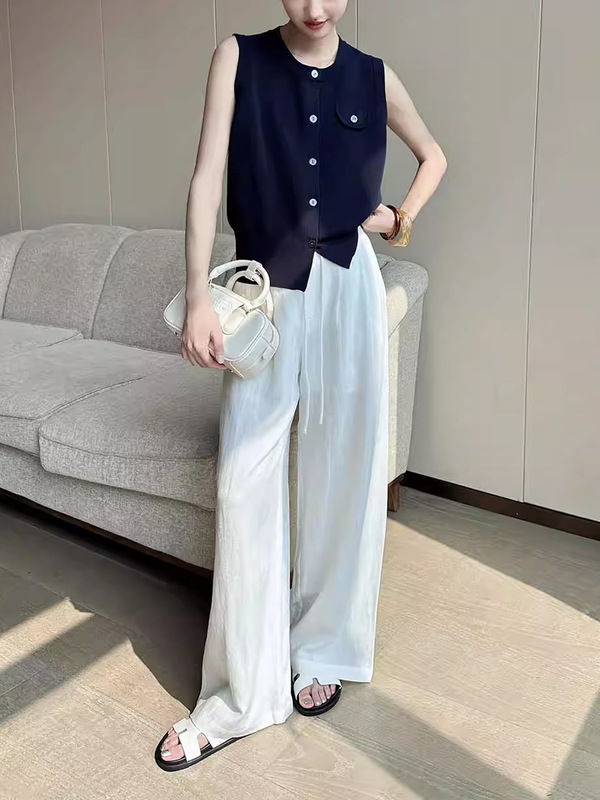 藏青色圆领无袖针织马甲开衫女夏季2025新高级感修身上衣|undefined