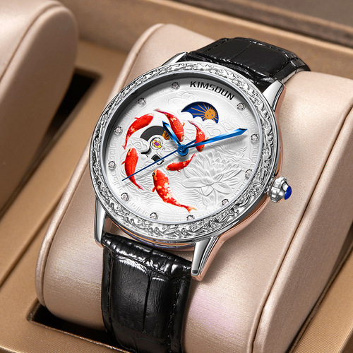 New Kingston watch 3D relief koi hollow fully automatic mechanical watch moon phase watch men's waterproof men's watch