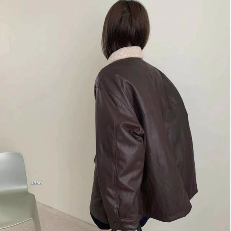 Korean Style Retro Cashmere Lapel Jacket Single-Breasted Workwear Leather Jacket Loose Mid-Length Thickeneded Cotton Jacket for Women Korean Style Retro Cashmere Lapel Jacket Single-Breasted Workwear Leather Jacket Loose Mid-Length Thickeneded Cotton Jacket for Women