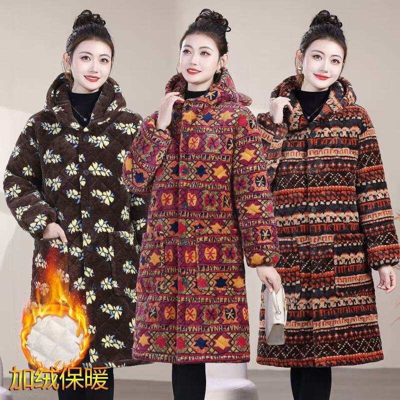 03 middle-aged and elderly women's winter cotton-padded jacket mother's warm cotton-padded jacket plus velvet padded hooded cotton overalls