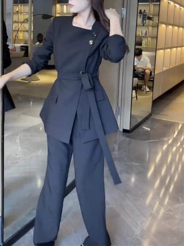 2907大码女装职业气质通勤方领西装套装胖mm设计感西服长裤两件套|undefined