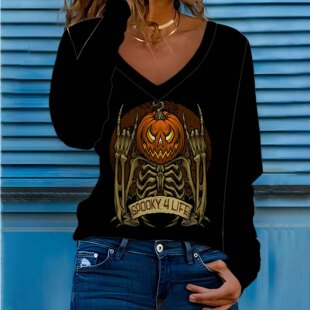 2023 European and American cross-border Amazon T-shirt long sleeve women's Halloween printed long sleeve pumpkin funny Digital long sleeve