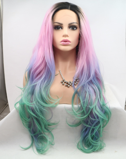 Peluca de tres colores rosa, azul y verde, peluca rizada, encaje frontal de fibra química, cabello largo y rizado, cabello largo de encaje europeo y americano LW0258