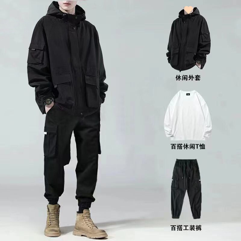 春秋季冲锋衣外套男工装风夹克男潮牌潮流帅气男装休闲套装三件套