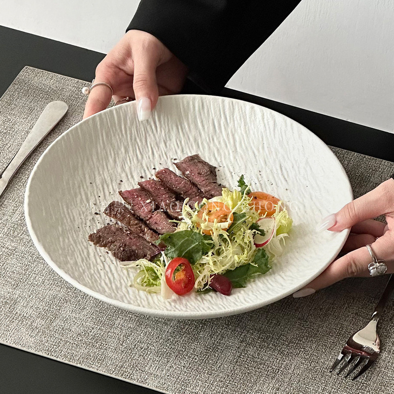 Stone-pattern ceramic deep plate for home use, vegetable salad plate, steak plate, pasta plate, high-end western-style dinner plate, dessert plate