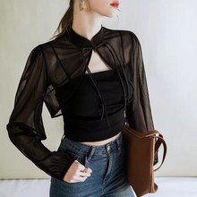 盘扣立领黑色短款网红长袖披肩春夏晒网沙罩衫配吊带裙小开衫