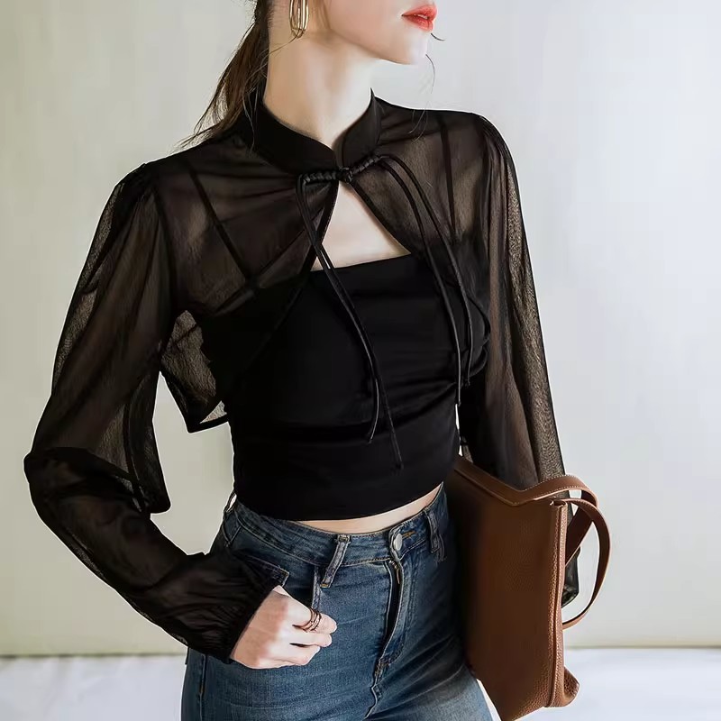 盘扣立领黑色短款网红长袖披肩春夏晒网沙罩衫配吊带裙小开衫