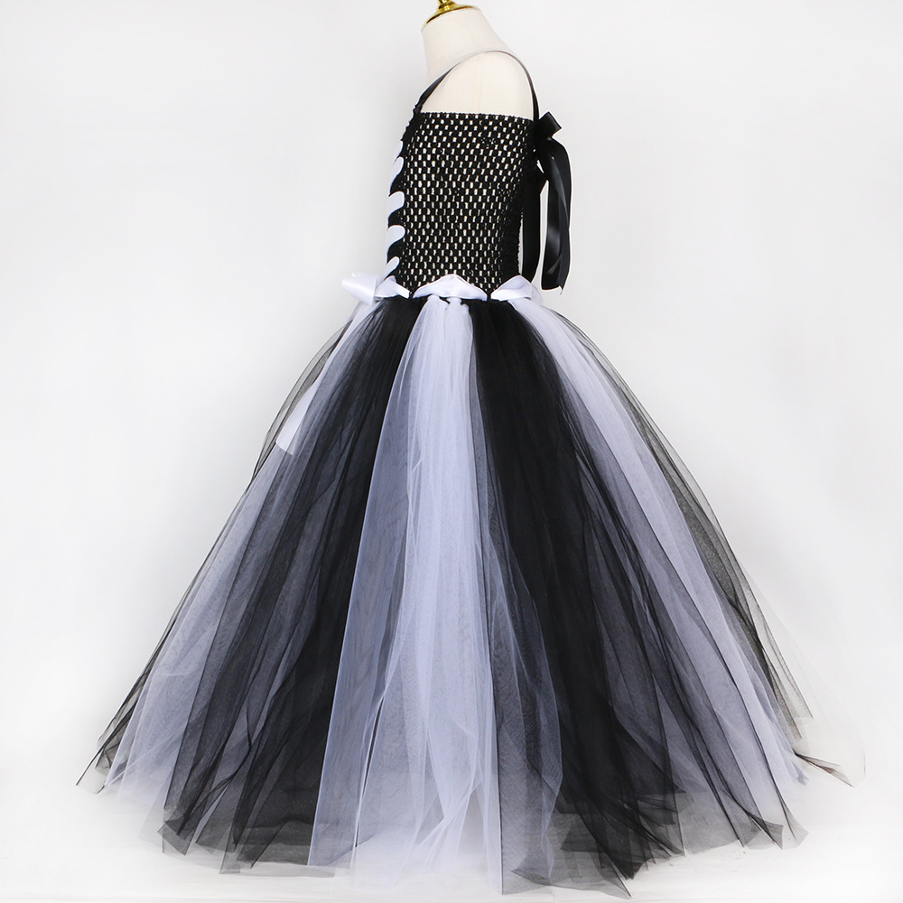 Kinderkleidung Halloween-Kostüm Geisterkleidung Kinder-Skelett-Geisternetz-Puffrock Mädchen-Maskenball-Zombie-Kostüm_voghion.com