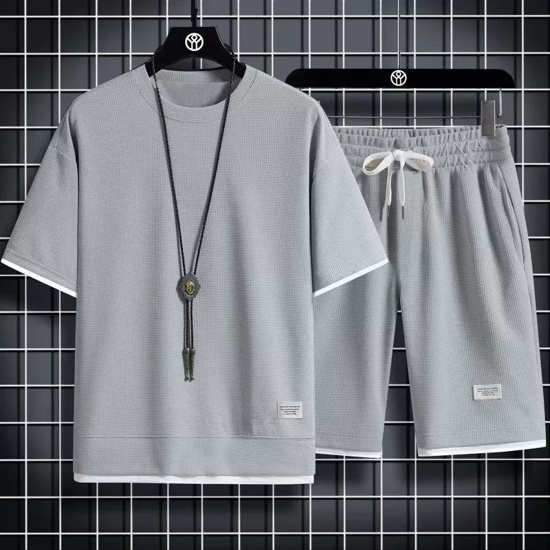 Комплект верх с коротким рукавом и брюки oversize, размеры M–5XL, текстура вафли, повседневный набор