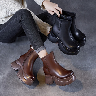 Inner Height Martin Boots Women's 2024 Autumn and Winter New Brown Platform Short Boots Genuine Leather Small High Heel fleece-lined Retro Boots