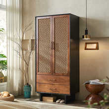 中古风实木藤编衣柜收纳储物柜侘寂风复古橱柜民宿卧室双门衣帽柜